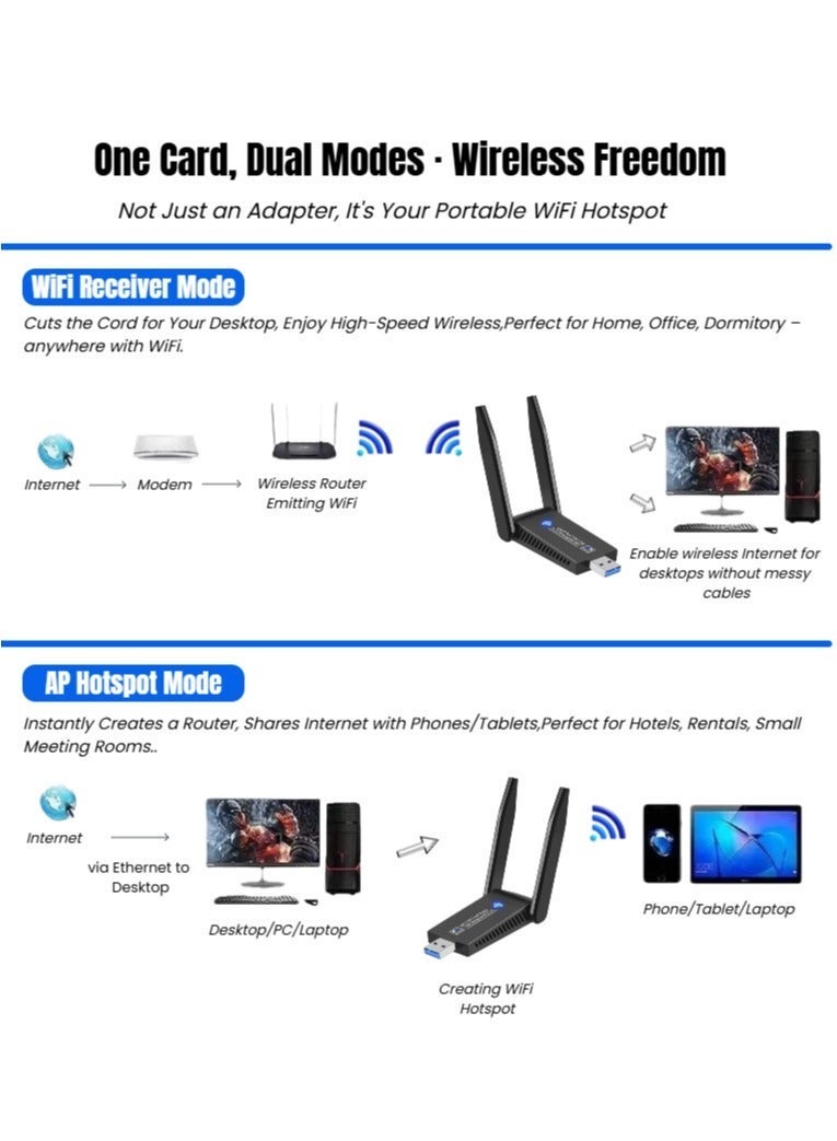  أورا سيليكت محول USB WiFi Bluetooth - مستقبل شبكة لاسلكية خارجي مزدوج النطاق 2.4 جيجاهرتز/5 جيجاهرتز بسرعة 1300 ميجابت في الثانية، USB 3.0، Bluetooth 5.0، للكمبيوتر الشخصي/الكمبيوتر المكتبي/الكمبيوتر المحمول، متوافق مع Windows 11/10/8/7 - Image 3